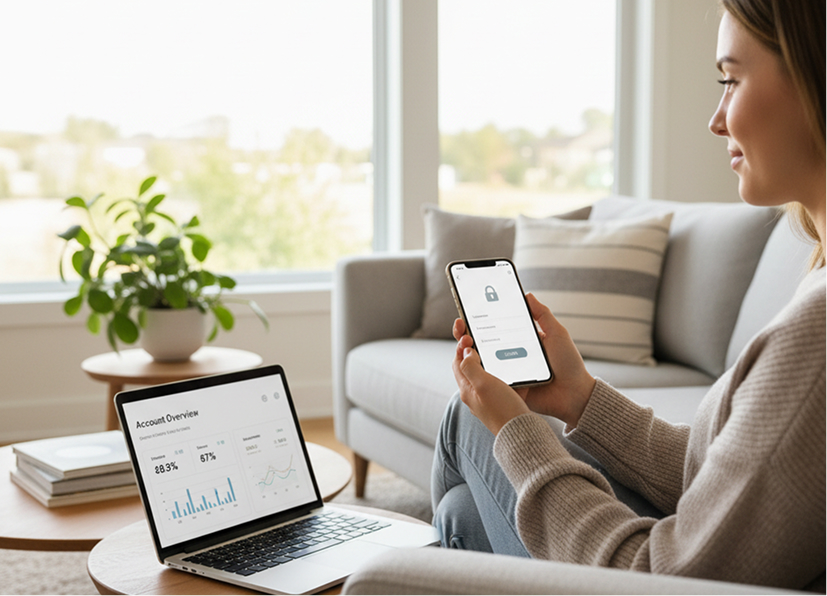Homeowner reviewing their dashboard on a laptop and phone at home