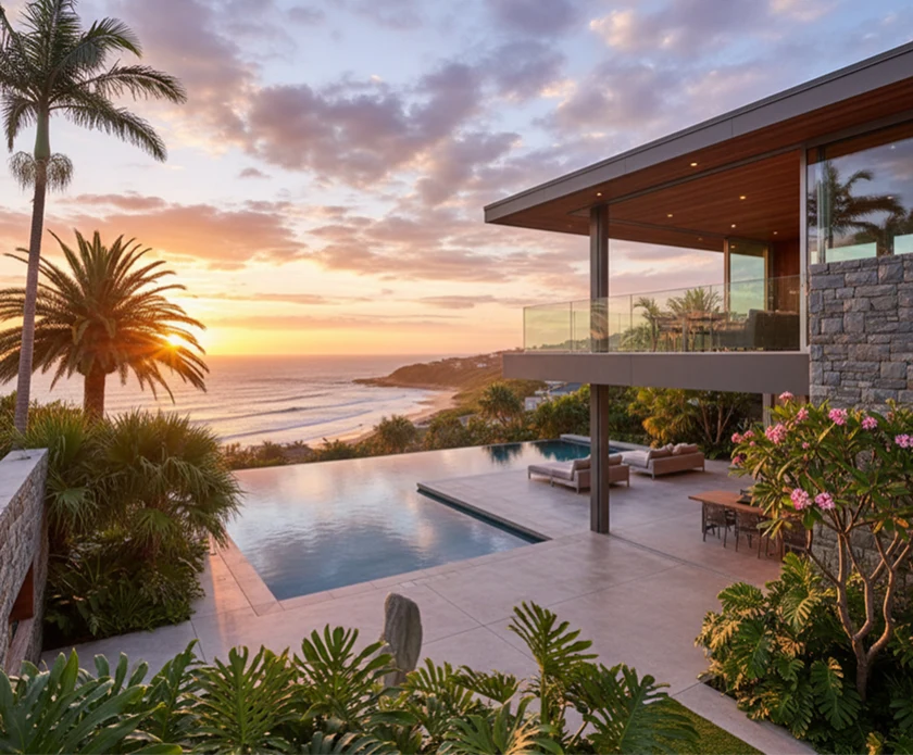 Modern home by the ocean at sunset