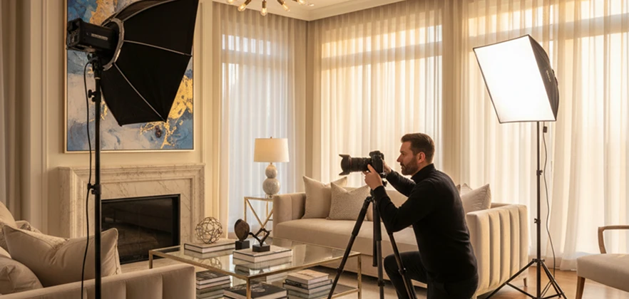 Photographer capturing a styled living room