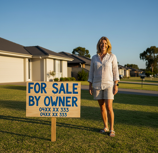 Homeowner beside a For Sale By Owner sign