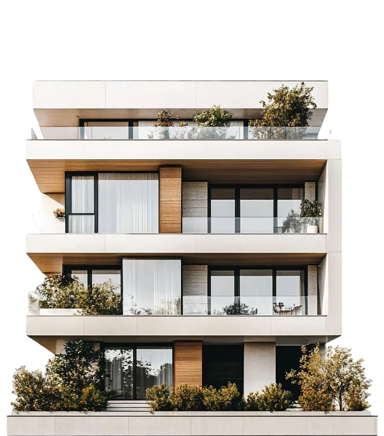 Modern Victorian apartment building with balcony gardens