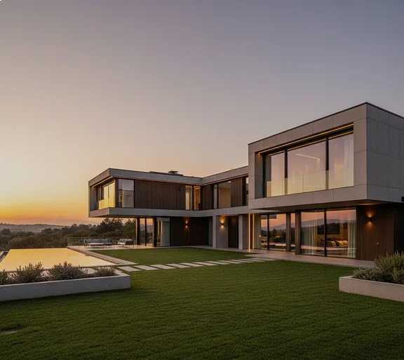 Modern two-storey home lit at dusk