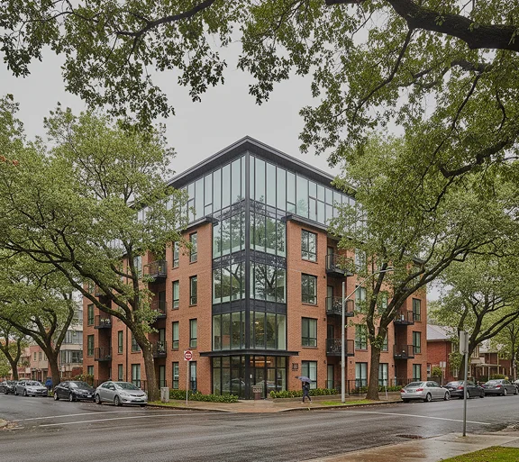 Contemporary apartment building framed by trees