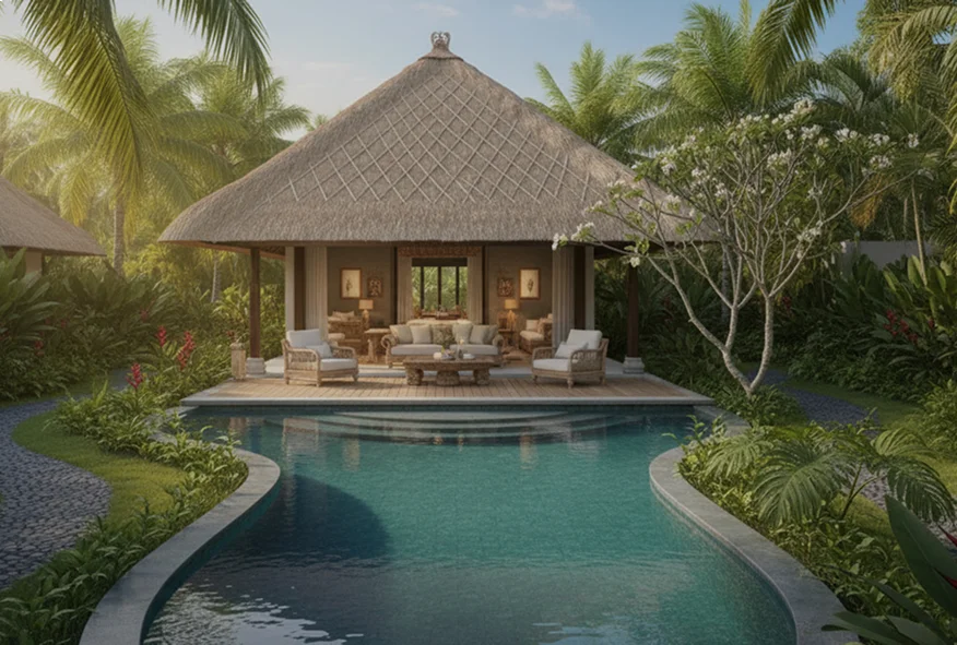 Tropical poolside villa with a thatched pavilion