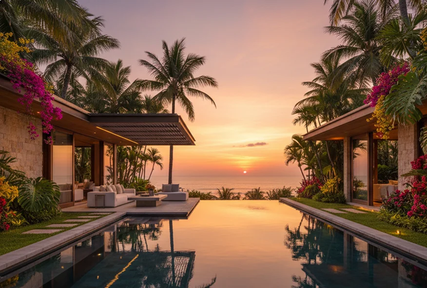 Coastal home framed by palms at sunset